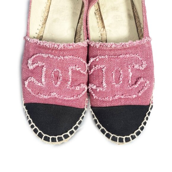 Authentic CHANEL CC Logo Linen Pink Black Espadrilles Flats Shoes 38 - Picture 2 of 5